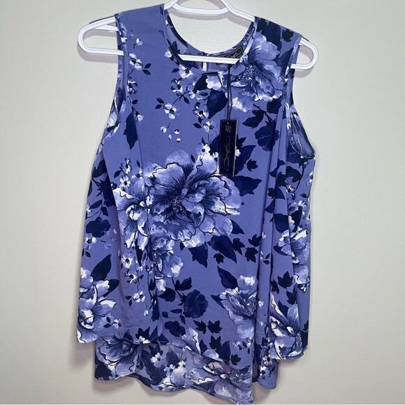 Diane Gilman DG2 Cold Shoulder Lagenlook Blue Floral Small Oversized Office - Picture 1 of 9